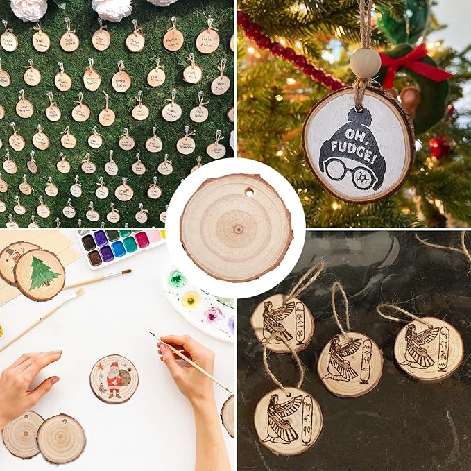 100 PCS 2.4-2.8 Inch Unfinished Wood Slices, Natural Wood Slices, Predrilled with Hole Wood Slice for DIY Arts Craft Christmas Ornaments