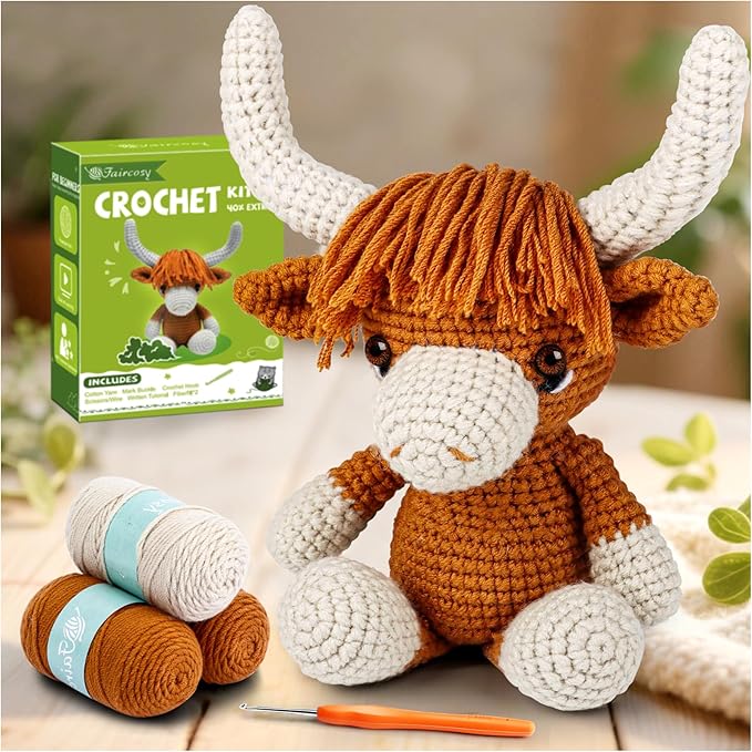 Faircosy Learn to Crochet Beginner Kit: All in One Highland Cow Crochet DIY Kit with Yarn, Crochet Hooks, Video Guide - Make Adorable Cow for Women, Teens & Adults - Great Learning Craft Gift
