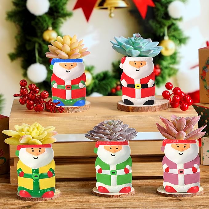 Pasimy 6 Set DIY Ceramic Succulent Planter Pots Paint Your Own Flower Pots Craft Kit Unpainted Bisque Paintable Flowerpot with Brush Palette Ready to Paint for Family Activity Gift(Santa)