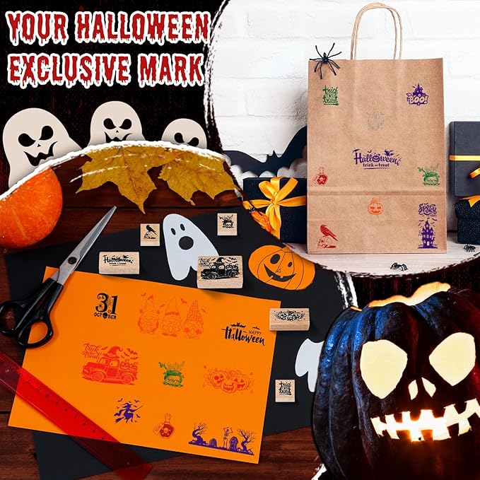 Marspark 22 Pcs Halloween Wooden Rubber Stamps and Craft Ink Pads Set Mixed Halloween DIY Craft Cards Wooden Rubber Stamps for Party Scrapbooking Cards Making Supplies Gift Decor