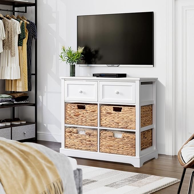 PHI VILLA White Storage Cabinet with Baskets, Accent Cabinet with Drawers, Entryway Rattan Cabinet with Shelves