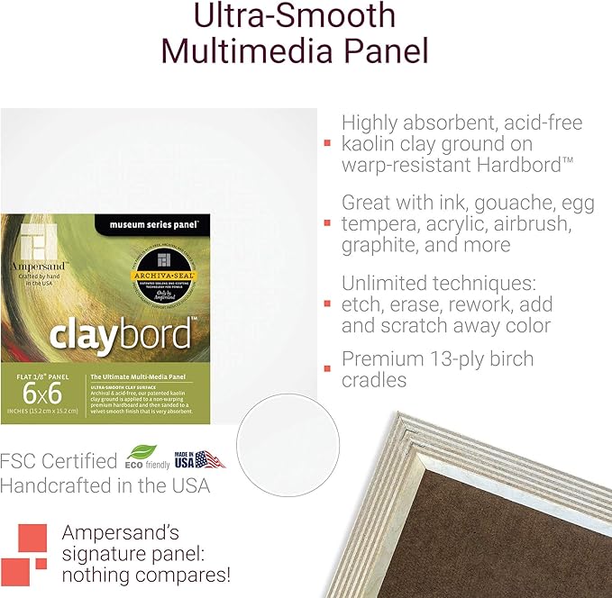 Ampersand Art Supply Wood Painting Panel: Museum Series Claybord, 6" x 6", 3/4" Cradled Profile