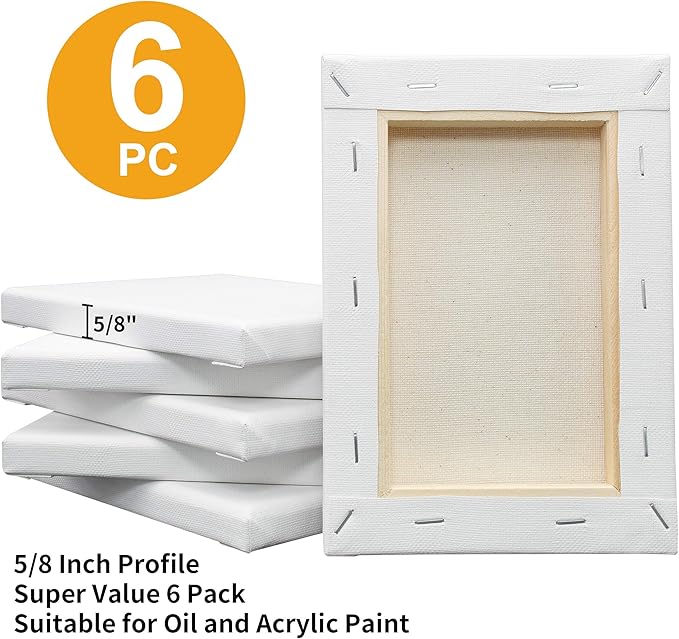 FIXSMITH Stretched White Blank Canvas- 5x7 Inch,6 Pack,Primed,100% Cotton,5/8 Inch Profile of Economy Value Pack for Acrylics,Oils & Other Painting Media.