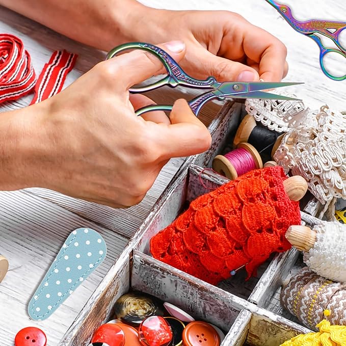 BIHRTC Rainbow Embroidery Small Precision Stainless Steel Scissors with Leather Cover DIY Tools Shears for Crochet Sewing Crafting Art Work Threading Needlework Knitting