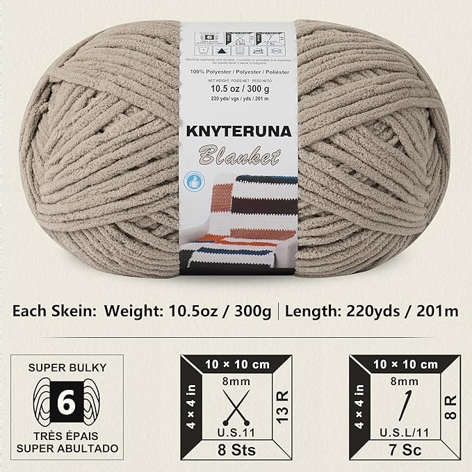 #6 Super Bulky Blanket Yarn for Crocheting - 4 Skeins(Each 10.5oz/300g, 220yds/201m), Chunky Chenille Thick Plush Big Soft Yarn for Crocheting Knitting Blankets, Khaki