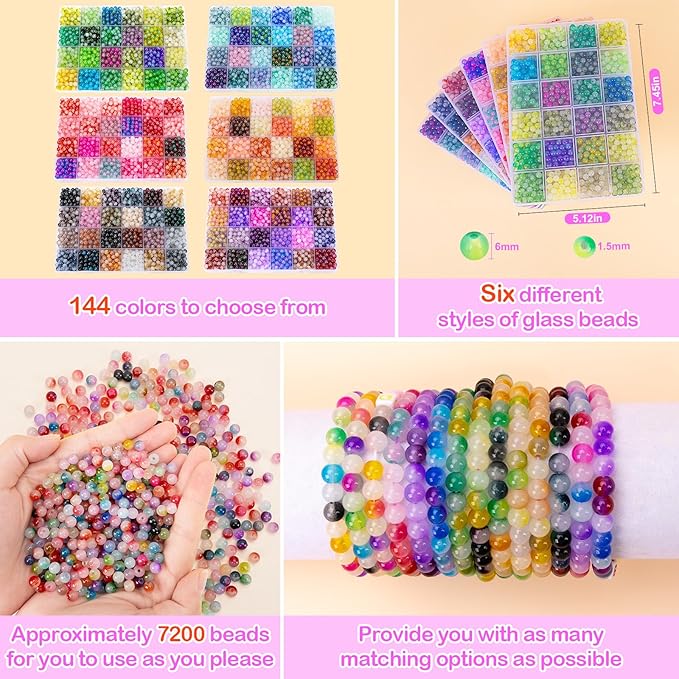 XSEINO About 7200+ pcs 6mm Glass Beads Bracelet Making Kit, 144 Assorted Colorful Bi-Color Fusion Series Crystal Beads Making and DIY Crafts