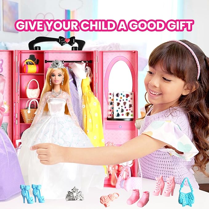 UCanaan 180 Pcs Doll Clothes and Accessories Set, Princess Gowns, Dresses, Tops, Pants, Shoes, Hangers, Fashion Doll Wardrobe, Ages 3+ Best Gitfs for Girls Christmas Birthday