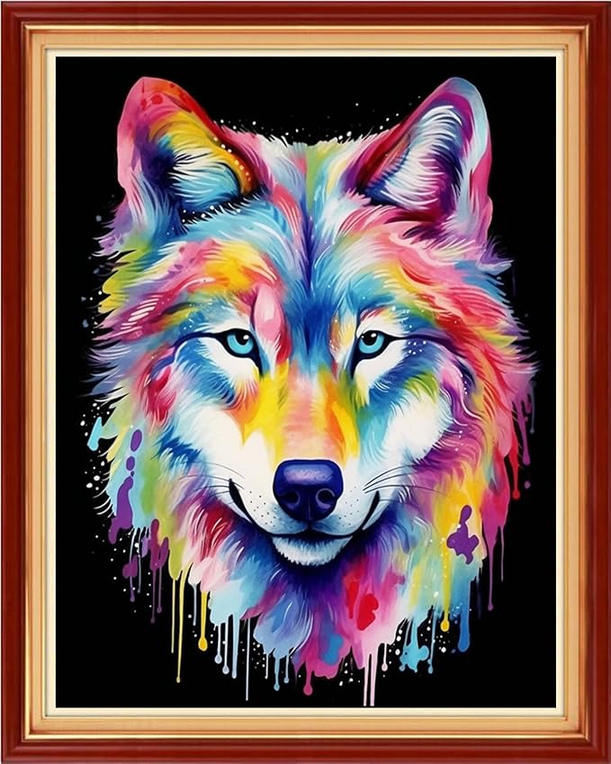 Findvoor Stamped Cross Stitch Kits for Beginner Embroidery Kits for Beginners Adults DIY 11CT Cross Stitch Patterns Needlepoint Kits Crossstitching Kits-Colorful Wolf 16x20 inch