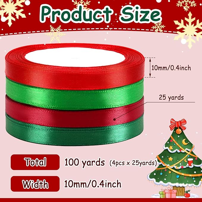 DECYOOL Christmas Ribbons, 4 Rolls 100 Yards Christmas Satin Ribbons 10mm Wide Holiday Craft Ribbons for Gift Wrapping and Xmas Decoration (Red, Green, Wine Red, Dark Green)
