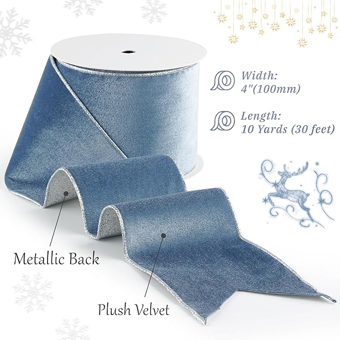Dusty Blue Velvet Wired Ribbon with Glitter Back 4 Inch Blue and Silver Christmas Ribbon Wired Ribbon for Christmas Tree, Gift Wrapping, Mantel, Wreaths Supplies, Topper Bows (10 Yards)