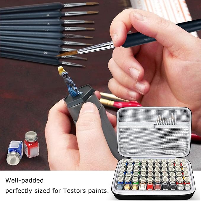 Model Paint Storage Case for Testors Paint Set, Paints Organizer Carrying Bag Holds 60 Bottles with 9 Fine Detail Miniatures Brushes, Enamel Container, Drawing Ink Holder-Box Only (Grey)