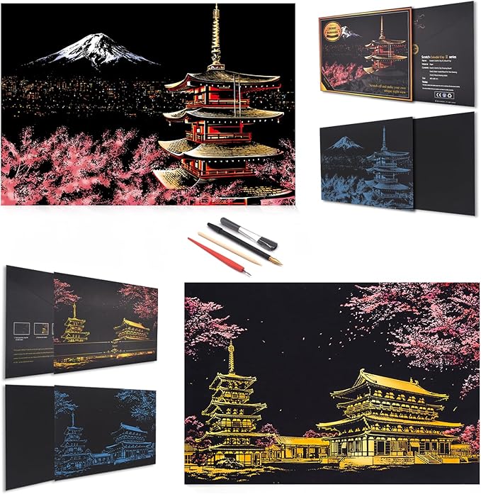 DESINIK Scratch Painting Art for Adults & Teens - 2 Sheets Rainbow Scratch Painting Kit, Scratch Painting Foil Art for Adults,Stress Relief Adult Craft Kits A3(Mt. Fuji, Japan)
