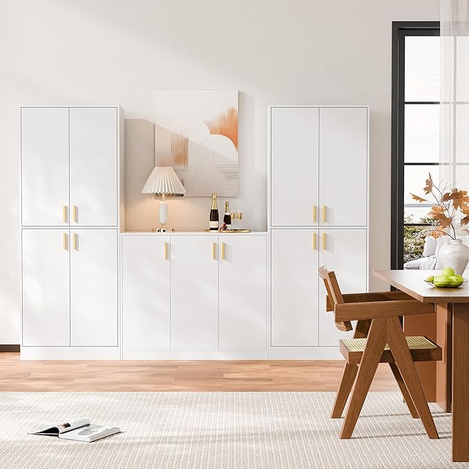 Cozy Castle Kitchen Pantry Cabinet, 71" Tall Wood Storage Cabinet with Doors and Shelves 4 Doors Freestanding Cupboard for Dining Room Living Room Bathroom Furniture, White