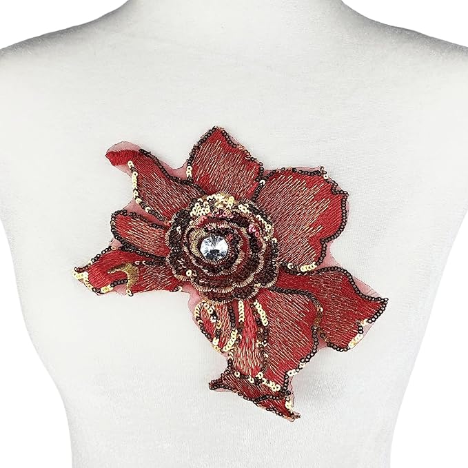 2 PC 3D Red Sequin Lace Trim Rhinestones Applique Patches for Wedding Bridal Dress Decoration DIY Sewing Clothing Decoration, 7 x 5.9 Inch