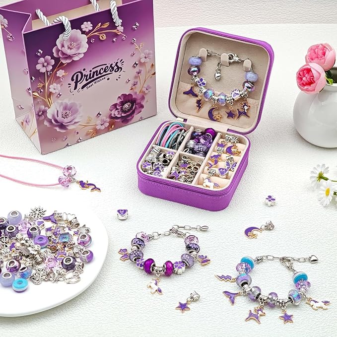 ONADEBY DIY Bracelet Kit with Beads & Charms - Friendship Jewelry Making Kit, A Perfect Birthday and Christmas Craft Gifts with Box Bag Packing (Purple)