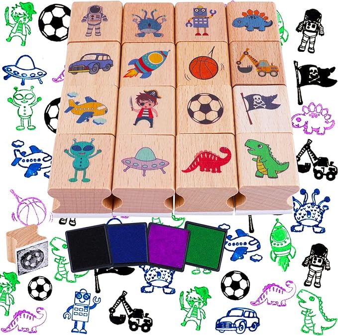 HOWAF 16pcs Wooden Stamps for Kids Boy Crafts with Ink Pad 4pcs, Dinosaur Football Outer Space Pirate Car Stamps for DIY Scrapbook Card Making, Party Bag Fillers Favor for Boys Christmas Birthday Gift
