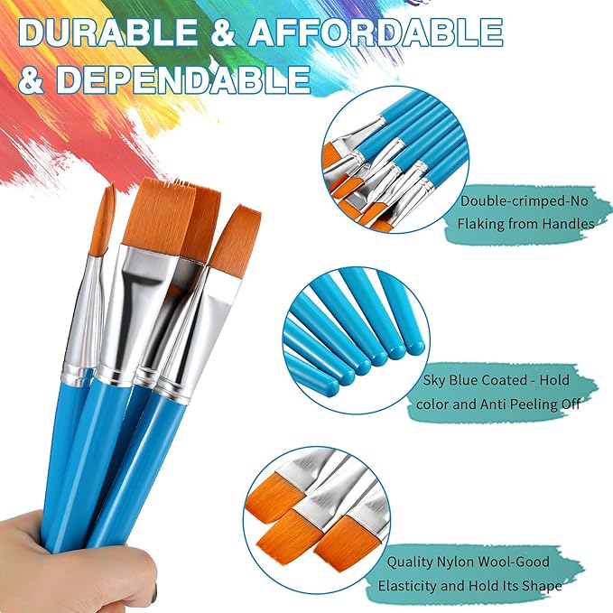 Zonon 10 Pcs 1 Inch Flat Head Paint Brushes Bulk Watercolor Acrylic Paint Brushes Synthetic Nylon Hair Paintbrush Artist Painting Brush for Detail Painting Oil Watercolor Fine Art Painting(Sky Blue)