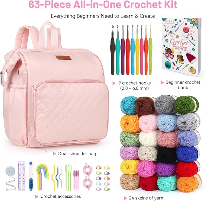 Coopay Traveling Crochet Kit for Beginners Adults, All in One Crochet Kit Include Knitting Bag Backpack Crochet Hooks Crochet Yarn for Crocheting Book Crochet & Knitting Supplies, Ideal Crochet Gift