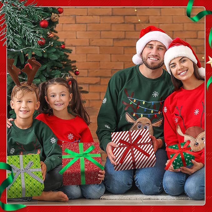 DECYOOL 4 Rolls 100 Yards Christmas Satin Ribbons 10mm Wide Holiday Craft Ribbons for Gift Wrapping and Xmas Decoration, Red & Green & Red Black Plaid & Black White Plaid