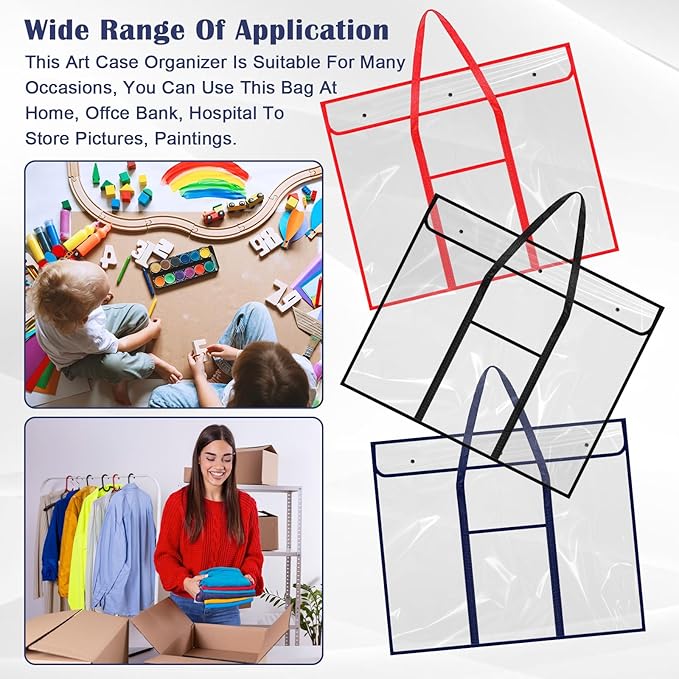 3 Pcs Large PVC Poster Storage Bag, Bulletin Board Holder, Art Portfolio Case with Pockets, Transparent Organizer for Teacher Classroom Organization, 3 Color (25" X 31")