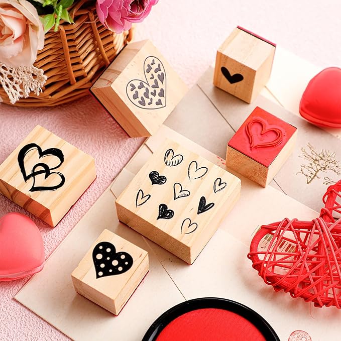 Watersay 6 Pcs Valentine Rubber Stamp Set Happy Valentine Day Wooden Rubber Stamp Vintage Art Print for Crafting Love Heart Pattern and DIY Scrapbooking Card Making Hand Book (Patter)
