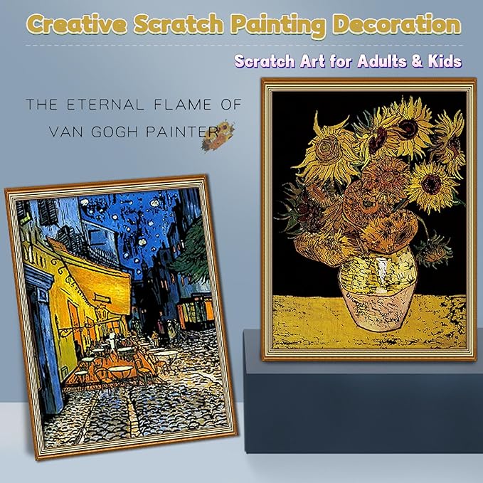 Scratch Paper Art for Adults-Scratch Painting Craft Kit (8 Sheets 16x11 in)|Foil Engraving Art Set|Stress Relief Gift for Travel Lovers,Craft Lovers|Creative Scratch Art Home Decor(Famous Painting)