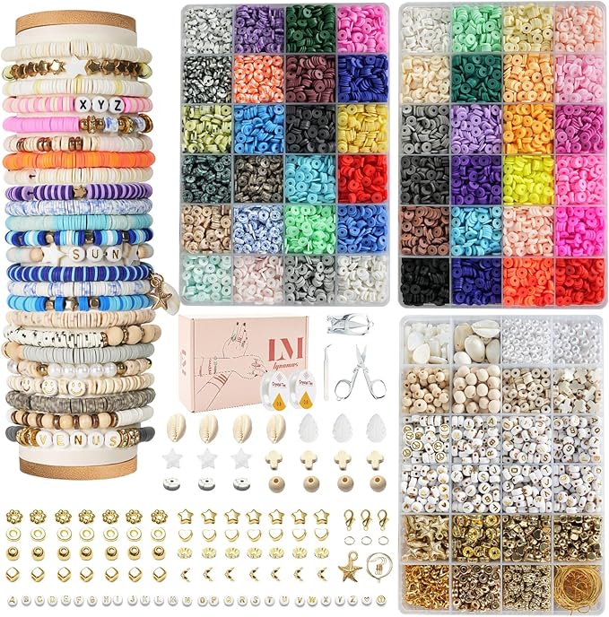 Lynnmos Clay Beads Bracelet Making Kit - 15000 Pcs, 6mm Heishi Disc Beads - DIY Jewelry Making Kit with 2 Boxes, Charms, and Gift Pack for Creative Designs and Crafting Fun