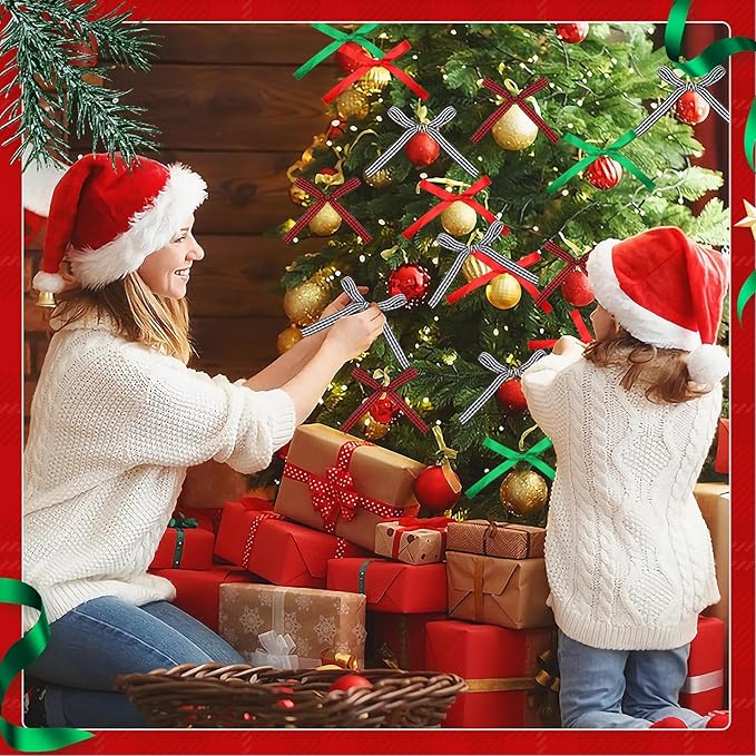 DECYOOL 4 Rolls 100 Yards Christmas Satin Ribbons 10mm Wide Holiday Craft Ribbons for Gift Wrapping and Xmas Decoration, Red & Green & Red Black Plaid & Black White Plaid