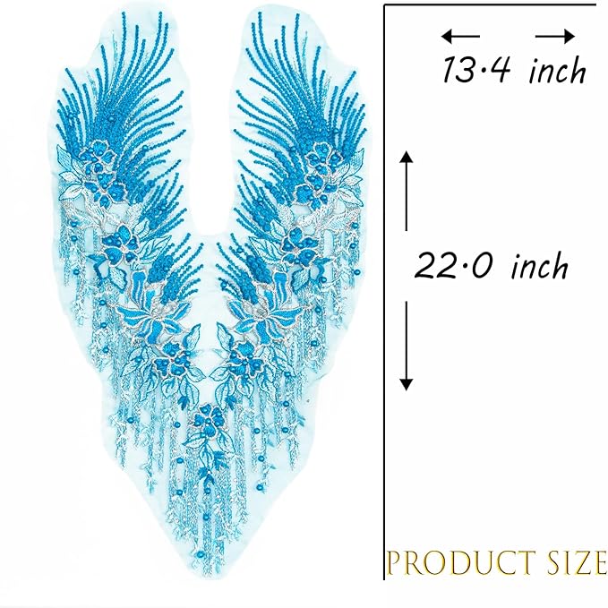 Beaded Pearl Flower Fabric Lace Applique, Floral Embroidered Patches Handmade Sewing Tool for DIY Neckline Bodice Wedding Bridal Prom Dress(Sky Blue-Small)