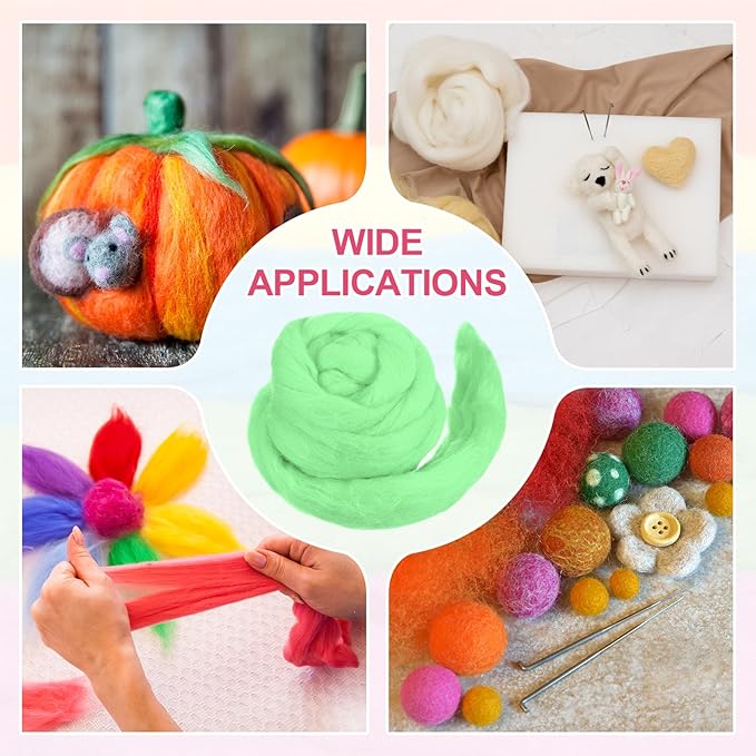 MECCANIXITY Wool Roving Yarn Soft Felting Wool 50g/1.76oz Pure Chunky Roving Yarn for Needle Felting Knitting Blanket Spinning Weaving Art DIY Craft Light Green