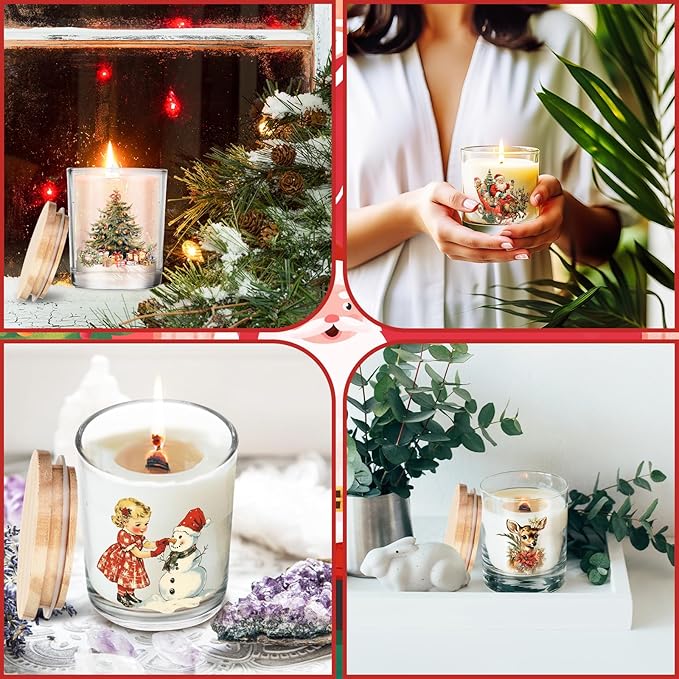 Ziliny 10 Pcs Vintage Christmas Glass Candle Jars Empty Containers Bulk 7 oz Glass Jars with Cork Lids Tins for Christmas Holiday Candle Making Storing Biscuits Tea Party Favors