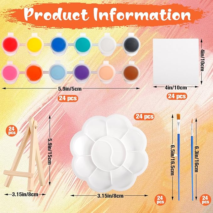 24Pack Mini Canvas Boards and Easel Paint Set,24Pcs Canvas and Easel,12 Colors Acrylic Paint Strips,48 Brushes,24 Palettes,Washable Acrylic Paint Set for Painting Crafts Party Favors (4" X 4")