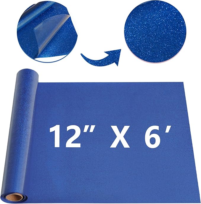 Blue Glitter HTV Heat Transfer Vinyl Rolls 12inch by 6feet PU Stretch Iron on Vinyl HTV Vinyl for T-Shirt for Silhouette and Cameo (6Ft, Z1-Glitter Blue)