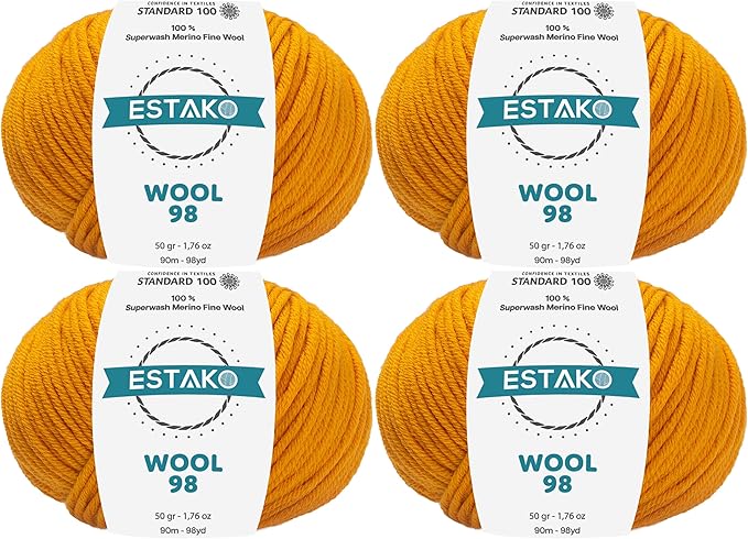Estako Wool 98 (4-Skeins Pack) 100% Superwash Merino Wool Medium Worsted Weight Soft Knitting and Crochet Yarn (4 x 1.76 oz) (4 x 98 yds) (6367 - Mustard)
