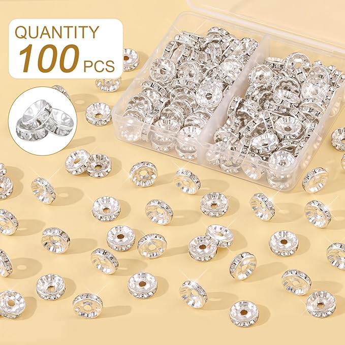 100 pcs 10mm Spacer Beads for Crafting, Silver Rondelle Beads Bulk, Fancy Sparkle Crystal Rhinestone Spacer Loose Beads for Necklace Bracelet Earring Jewelry Making and Pens DIY Decoration