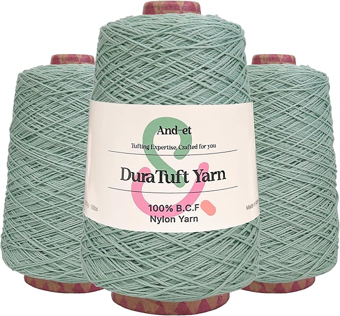 And-et DuraTuft Yarn 45 Vibrant Colors Tufting Nylon Yarn Pack - Ideal for Crochet, Craft Projects -100% B.C.F. - 3 Cones x 1.66lbs -180yards -Perfect for Rug Weaving and Knitting (41 Ashy Mint)