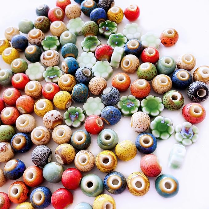 Ceramic Round Porcelain Beads Flower Porcelain Spacer Bead Craft Beads Ornamenets for DIY Jewelry Necklace Bracelet DIY Crafts for Women Above 12 Years Old 70 pcs