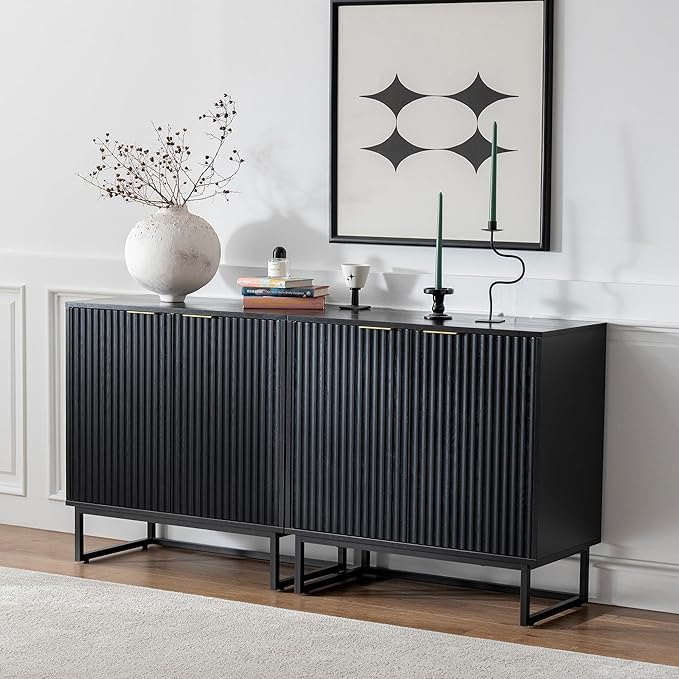 Fluted Storage Cabinet Set of 2, Sideboard Buffet Cabinet with Adjustable Shelves, Multifunctional Console Table with Storage Credenza for Living Room, Dining Room, Black