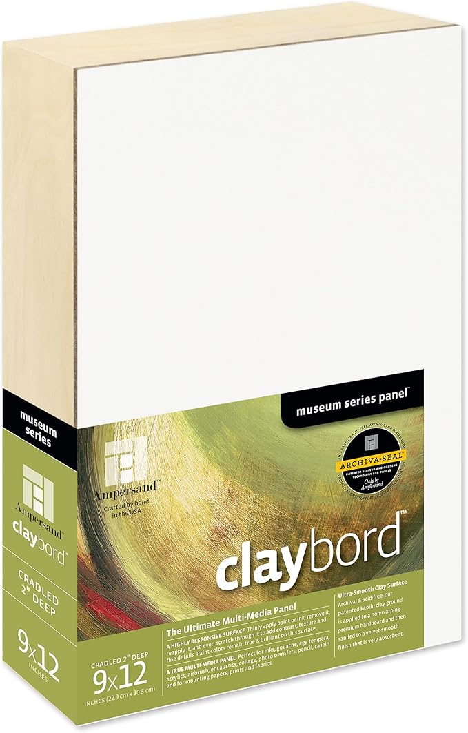 Ampersand Art Supply Wood Painting Panel: Museum Series Claybord, 9" x 12", 2" Cradled Profile