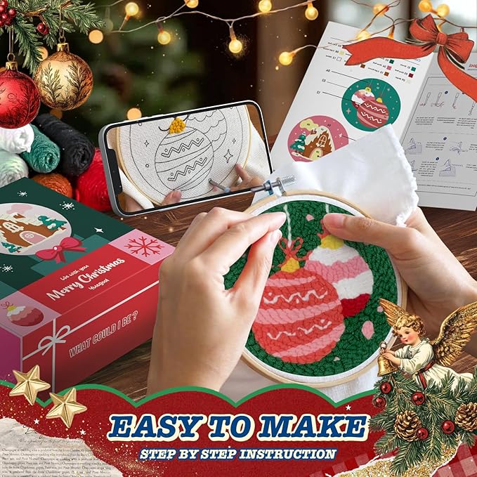 yuegool 2PCS Christmas Punch Needle Decoration Kit,Easy DIY Punch Needle Embroidery Kit for Beginners Adults Kids Including Patterns, Tools, Yarns, Hoop, Instruction, Bracket Art Craft Supplies