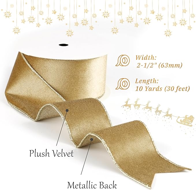 Khaki Velvet Wired Ribbon with Glitter Back 2.5 Inch Gold Christmas Ribbon Wired Reversible Ribbon for Christmas Tree Decorations, Gift Wrapping, Crafts, Wreaths Supplies, Bows (10 Yards)