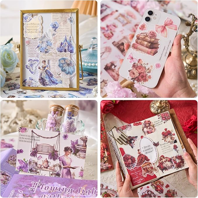 Snycler Sticker Book - 24 Sheets Vintage PET Stickers for Scrapbooking, Junk Journaling, Ephemera, and Decorative Crafts - Pre-Cut Floral Design Stickers Vintage-8