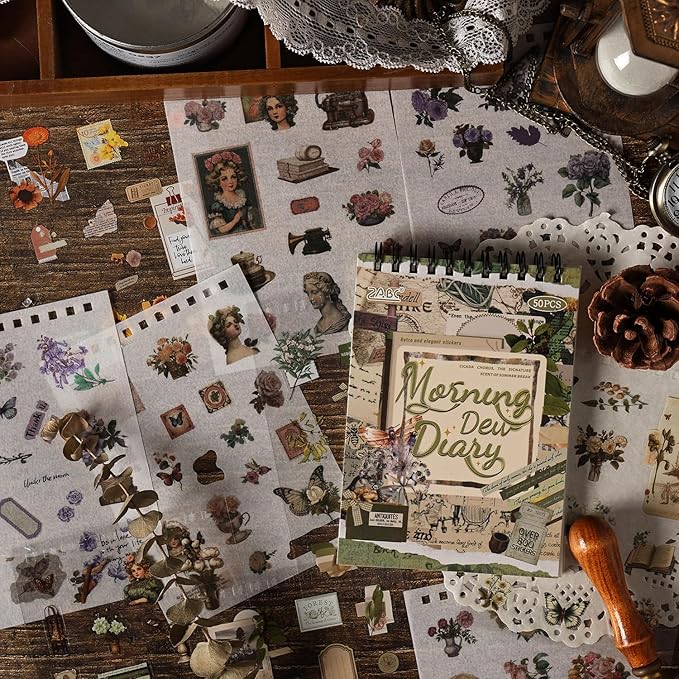 WCCH Vintage Scrapbook Sticker Supplies, 25 Sheets PET and 25 Sheets Washi Stickers, Over 800 Self-Adhesive Pre-Cut Stickers for Junk Journal, Bujo, Collage, Adult Crafts Arts, Letters DIY