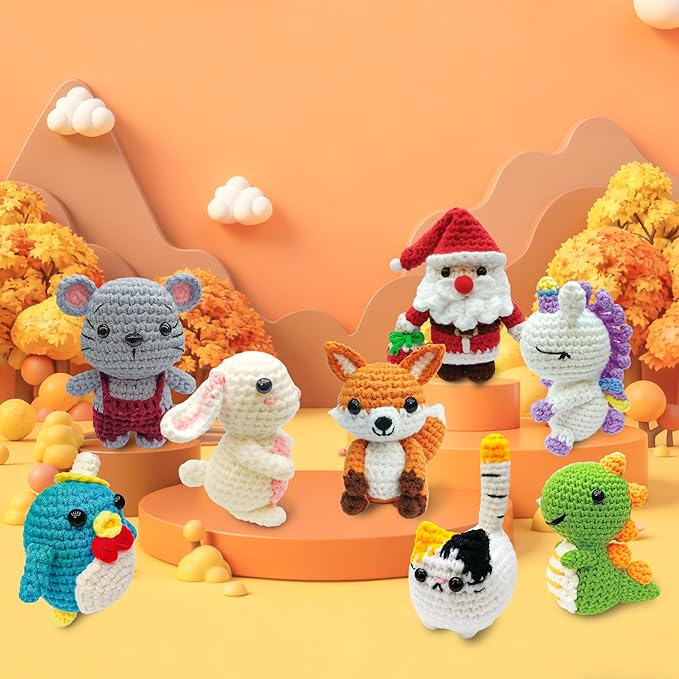 HUASHILUO 8Pcs Crochet Kit for Beginners, 2026 DIY Craft for Adults and Kids, Great Christmas Gift for Crochet Lovers, Crocheting Animal Kits with Step by Step Videos,Yarn,Crochet Hook