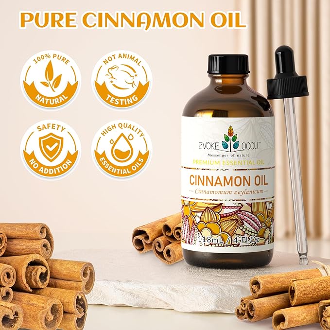 EVOKE OCCU Cinnamon Essential Oil - Warm Fall Scent for Diffuser, Spray, Soap, Candles, Hair & Skin Care - 4 Fl Oz
