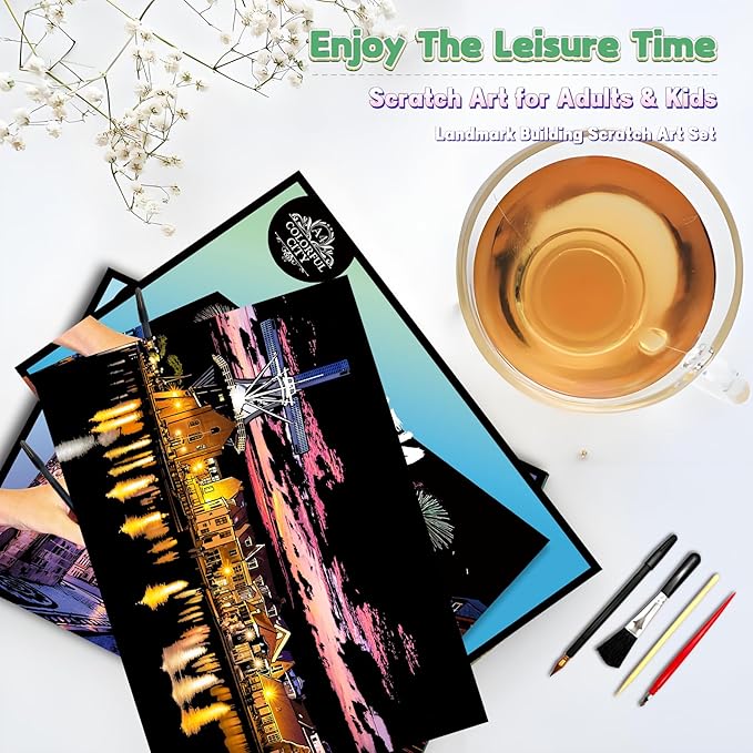 Scratch Art Painting Kit for Adults-8 Sheets A4 Rainbow Scratch Painting Paper Craft Set with City Landmarks|Stress Relief Gift for Travel&Craft Lovers|Scratch Art Home Decor(Europe Series 1)