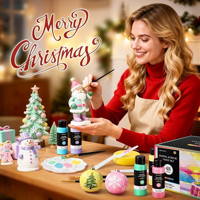 64 PCS Pastel Acrylic Paint Set with 12 Brushes, 2 Knives & Palette, 48 Colors (2oz/60ml) Art Craft Paint for Adults Kids Artists Beginners, Canvas Ceramic Rocks Wood Painting Kit Art Supplies