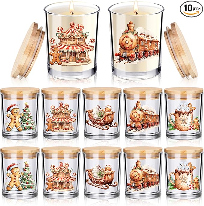 Ziliny 10 Pcs Gingerbread Man Christmas Glass Candle Jars Empty Containers Bulk 7 oz Glass Jars with Cork Lids Tins for Xmas Holiday Candle Making Storing Biscuits Tea Party Favors