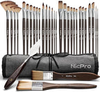Nicpro 32pcs Paint Brush Set, Professional Paintbrushes with Paint Spatula and Cloth Roll Case, Craft Paint Brushes for Acrylic Painting, Oil, Watercolor, Gouache, Art Supplies for Artists Beginners