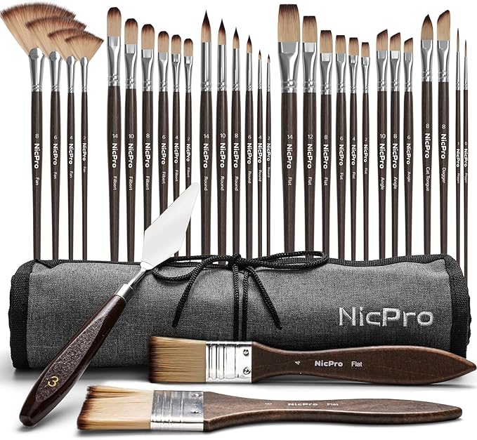 Nicpro 32pcs Paint Brush Set, Professional Paintbrushes with Paint Spatula and Cloth Roll Case, Craft Paint Brushes for Acrylic Painting, Oil, Watercolor, Gouache, Art Supplies for Artists Beginners